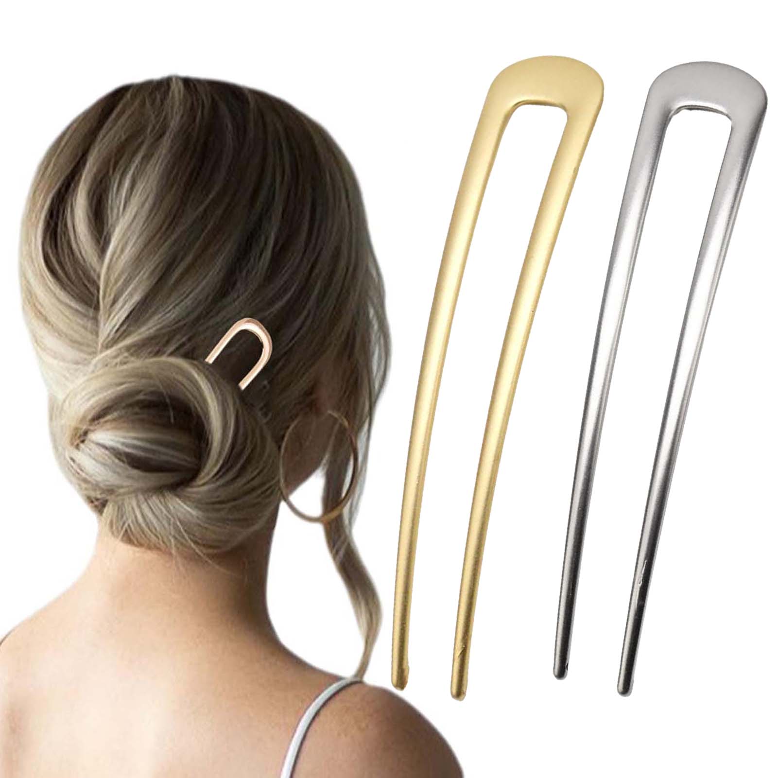 Home Barber - フランス製U字型ヘアピン ヴィンテージメタルヘアフォークスティック 女性用 厚い髪用スタイリングアクセサリー ゴールドシルバーカラー バンツール