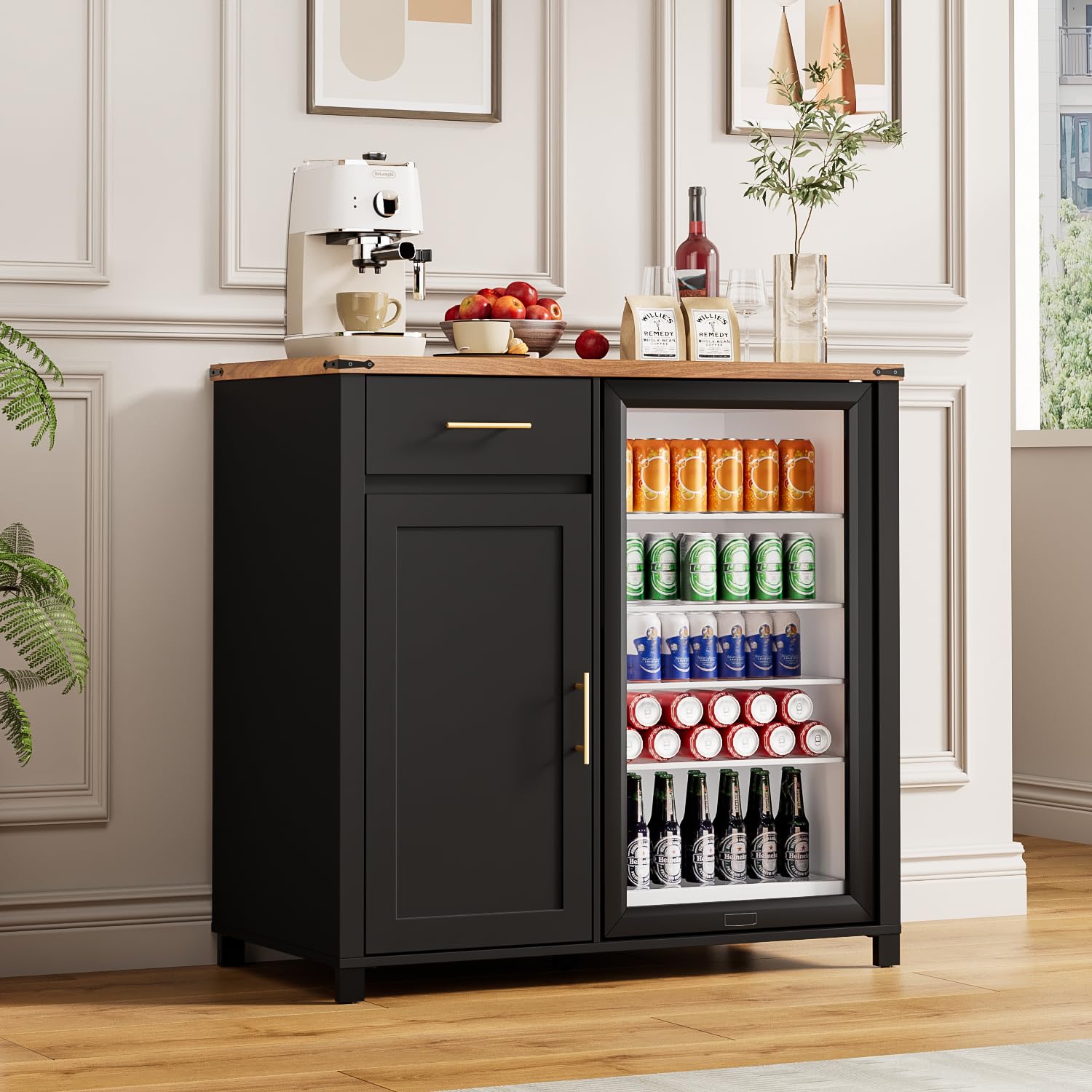 Home Bar And Fridge - 39インチのコーヒーバーキャビネット（冷蔵庫スペース付き）、電源コンセントとUSBポート付き収納キャビネット、家庭用キッチン向け調整可能な棚、カスタマイズ可能