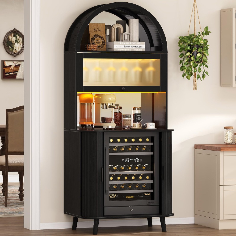Home Bar And Fridge - ワイン冷蔵庫キャビネット、収納付きハイバーキャビネット、ブラック、73インチ | 家庭用コーヒーバーキャビネット、アーチ型ミッドセンチュリーデザイン