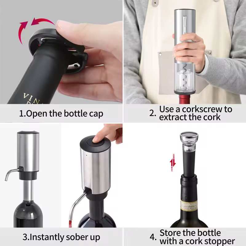 Home Bar Set - 4-in-1充電式電動ワインオープナーセット（エアレーター、ポアラー、フォイルカッター、ワインストッパー付き）家庭用バーパーティー用