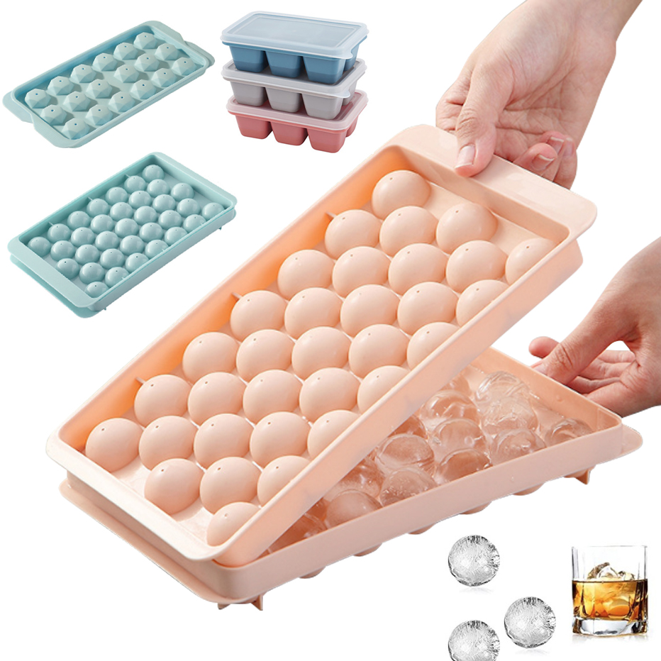 Ice Mold Sphere - 3D ラウンドアイスキューブトレイ蓋付きプラスチックダイヤモンドスタイルアイスモールド冷蔵庫球状 DIY 金型アイスボールメーカーキッチンツール