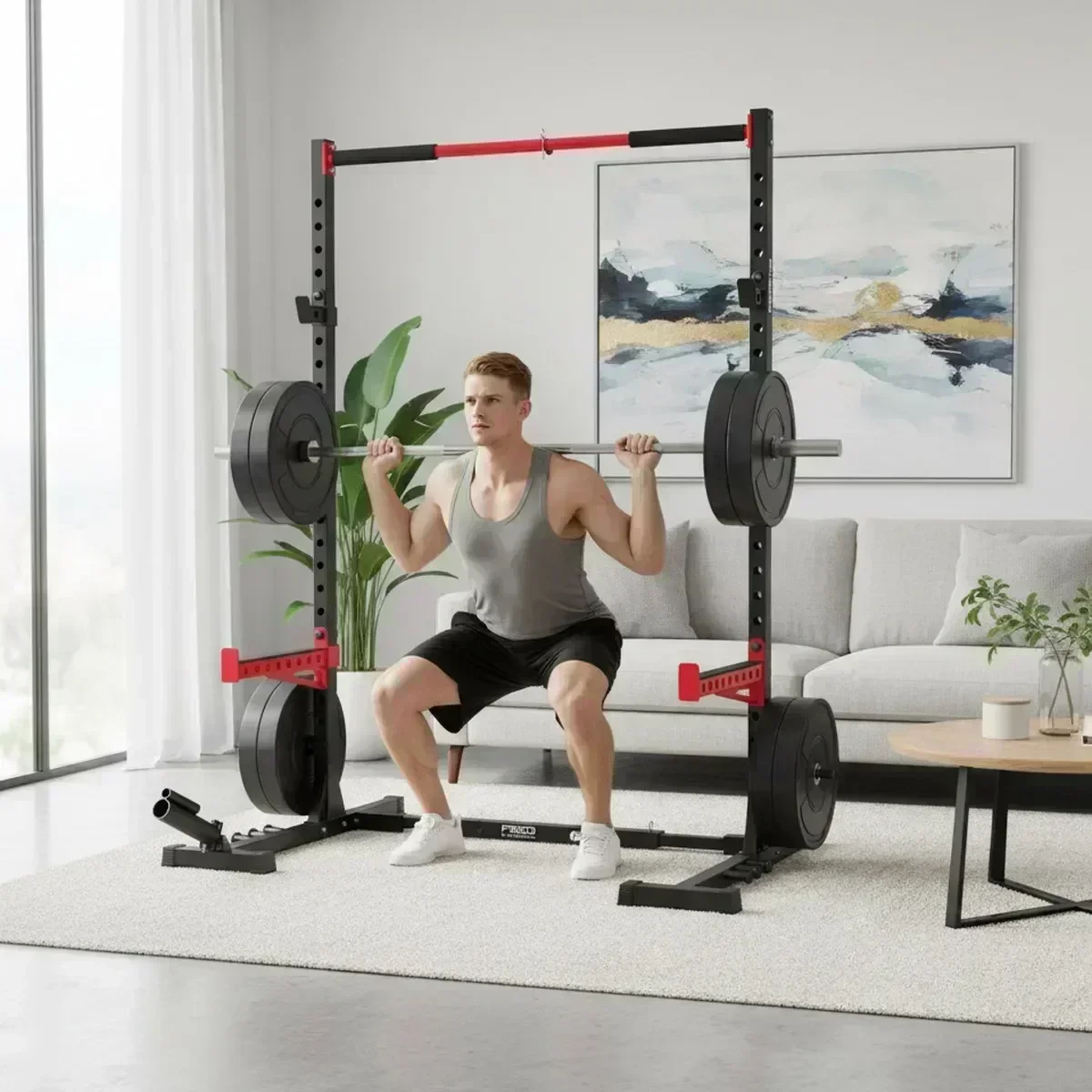 Home Bar And Gym - 調整可能なホームジムスクワットラック、懸垂バー付き、頑丈なスチール製バーベルパワーケージ、ウェイトリフティングトレーニング用