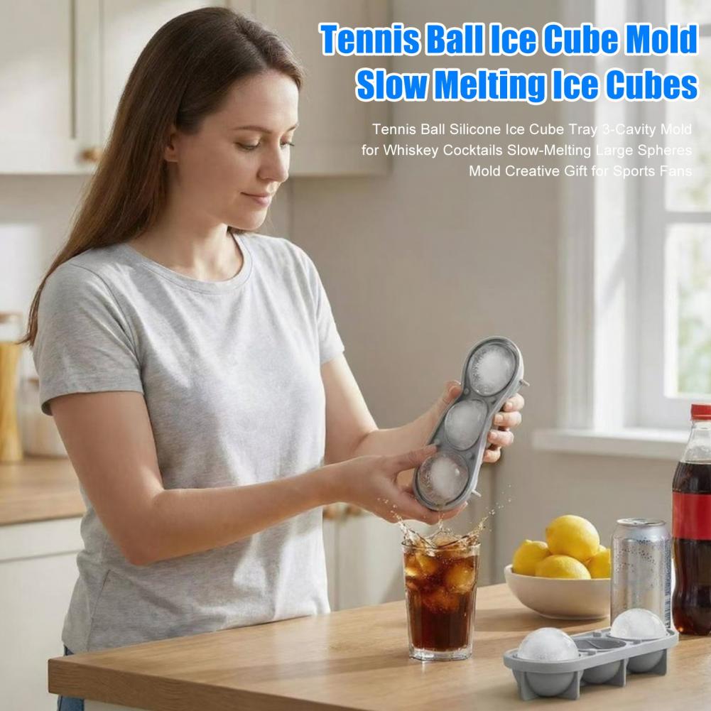 Ice Mold Sphere - 厚みのあるシリコン製アイスモールド、テニスボール型アイスキューブモールド、テニスボール型シリコン製アイスキューブトレイ、3つの空洞を持つウイスキースフィア、カクテル用