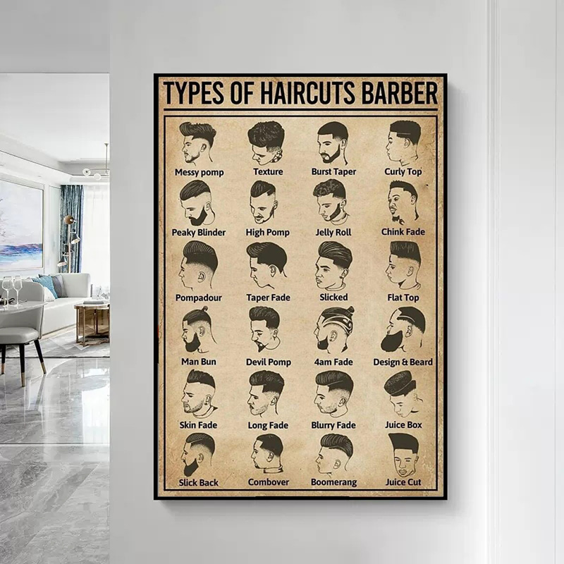 レトロなヘアカットの種類理髪師ポスターとプリントキャンバス絵 - Home Barber のレビューと価格