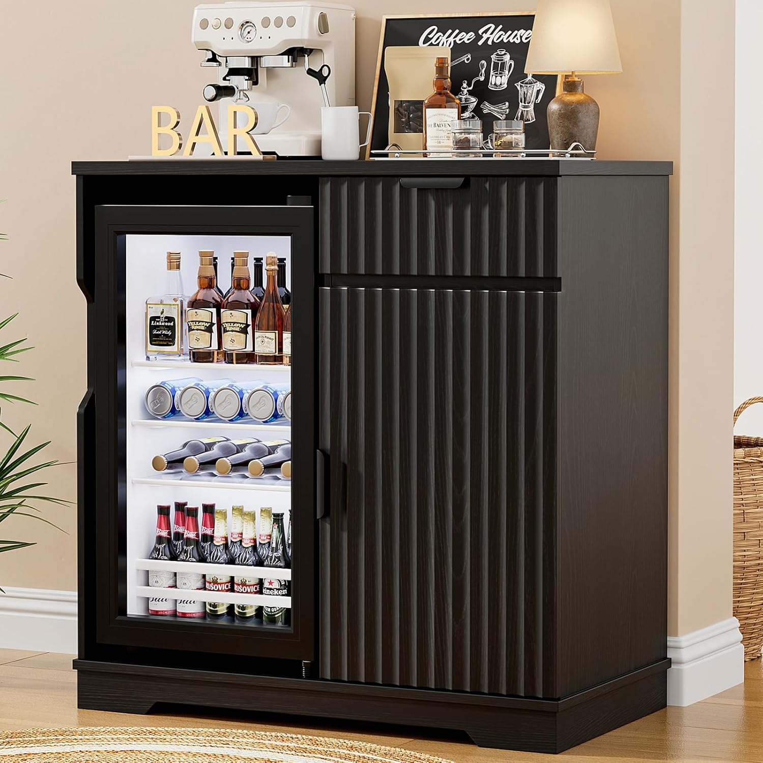 溝付きコーヒーバーキャビネット、ミニ冷蔵庫プルアウトドロワー - Home Bar And Fridge のレビューと価格