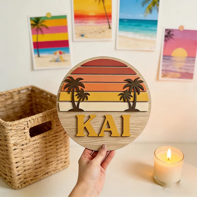 カスタマイズ可能な丸型ヴィンテージビーチサンセットヤシの木名 - Home Bar Signs のレビューと価格