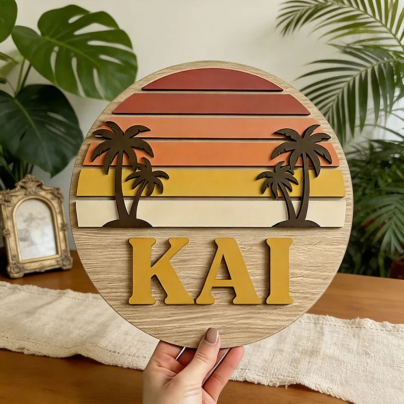 カスタマイズ可能な丸型ヴィンテージビーチサンセットヤシの木名 - Home Bar Signs のレビューと価格