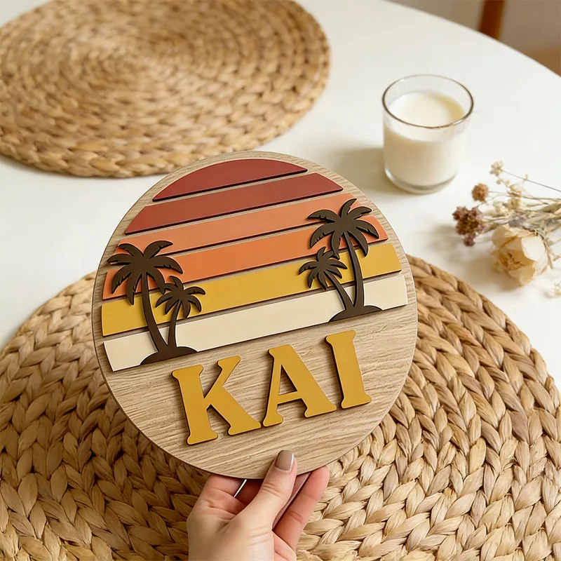 カスタマイズ可能な丸型ヴィンテージビーチサンセットヤシの木名 - Home Bar Signs のレビューと価格