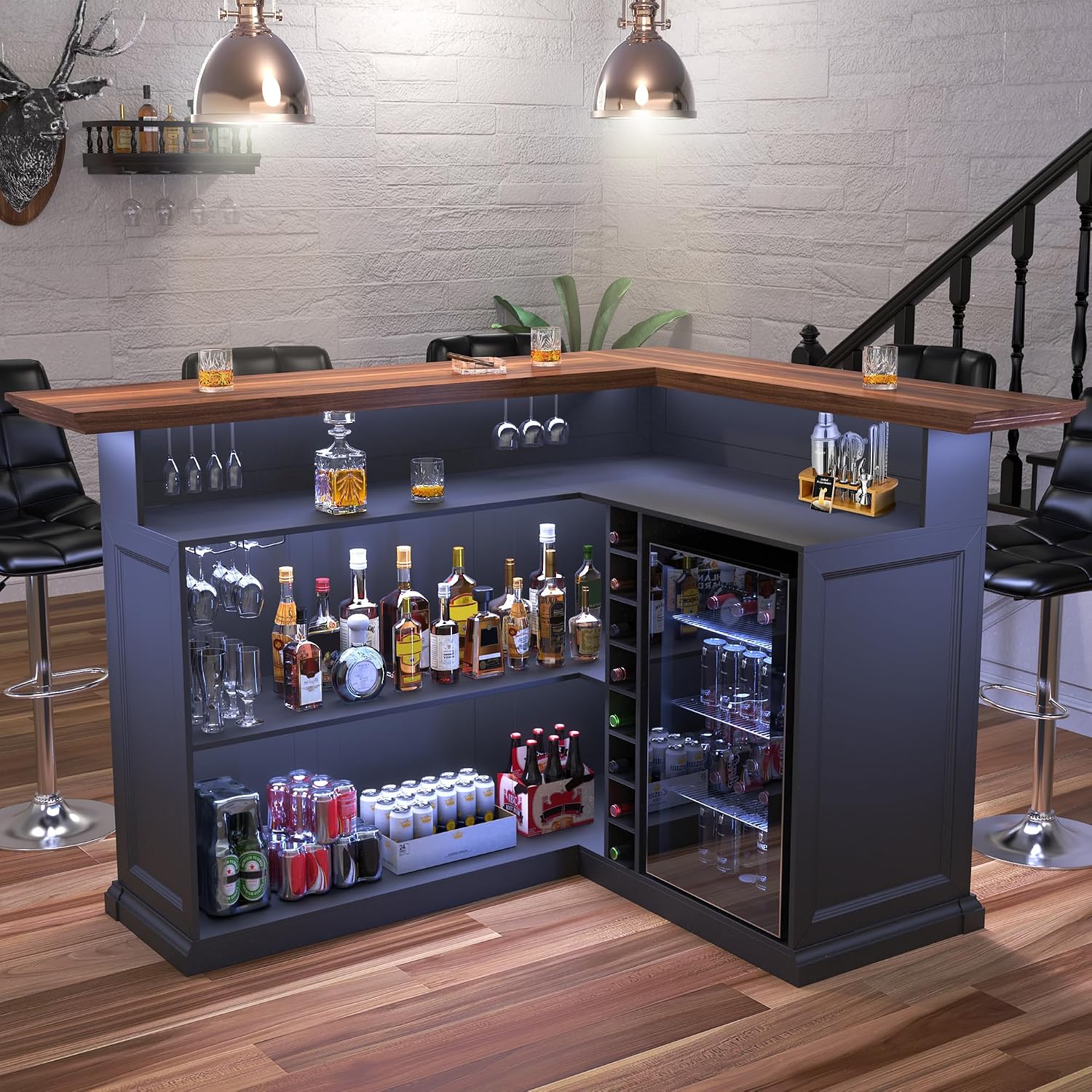 L字型ホームバーキャビネット（冷蔵庫スペース付き）、大型地下 - Home Bar And Fridge のレビューと価格