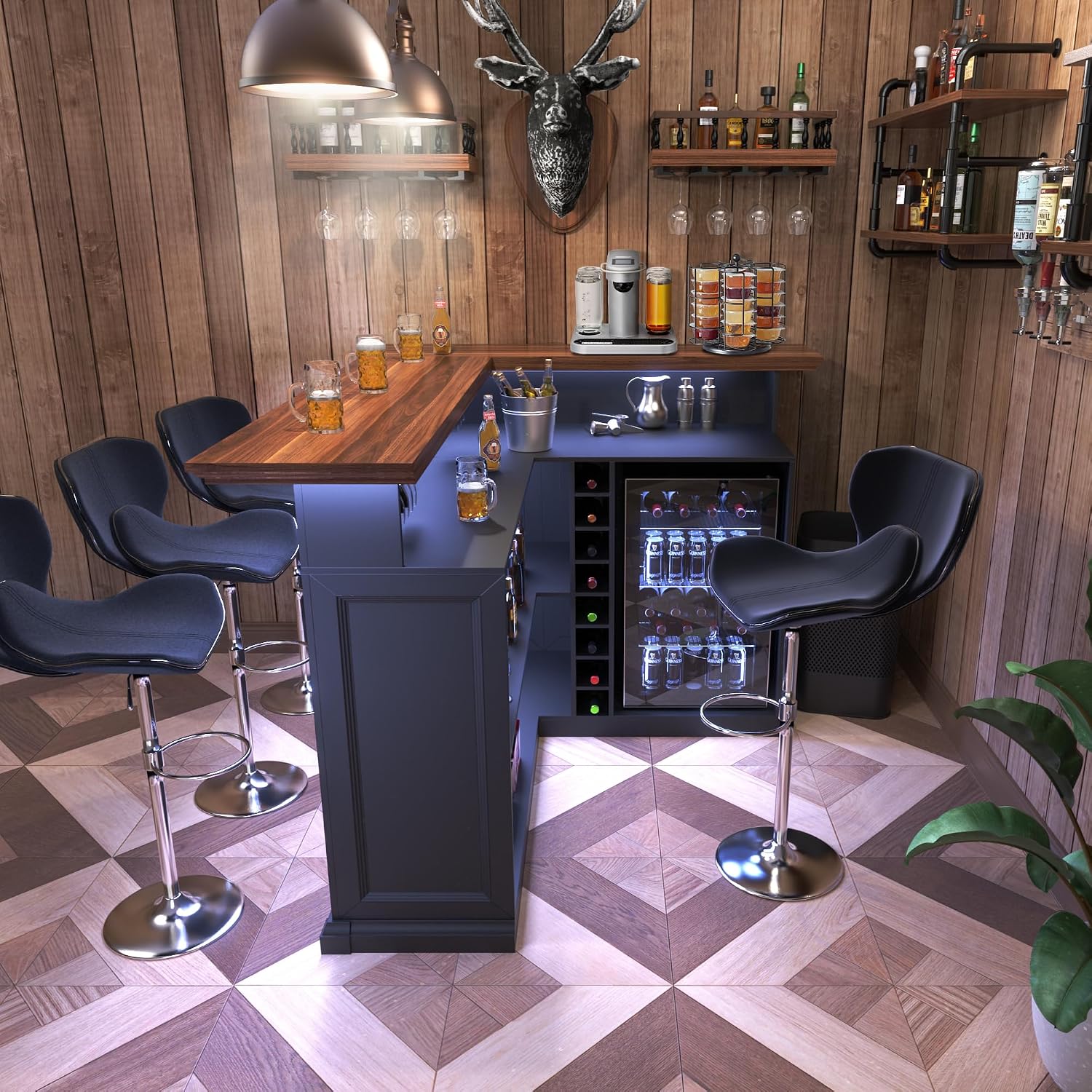 L字型ホームバーキャビネット（冷蔵庫スペース付き）、大型地下 - Home Bar And Fridge のレビューと価格
